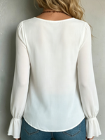 Women's Casual White V Neck Pleated Blouse Long Flare Sleeve Chiffon Shirts Tops