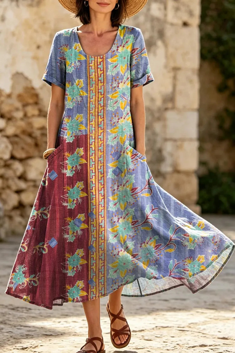 Women's Bohemian-print Cotton-linen Maxi Dress