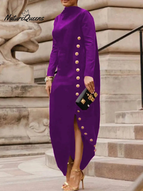 Women's Solid Color Round Neck Long Sleeve Casual Button Loose Fit Dress