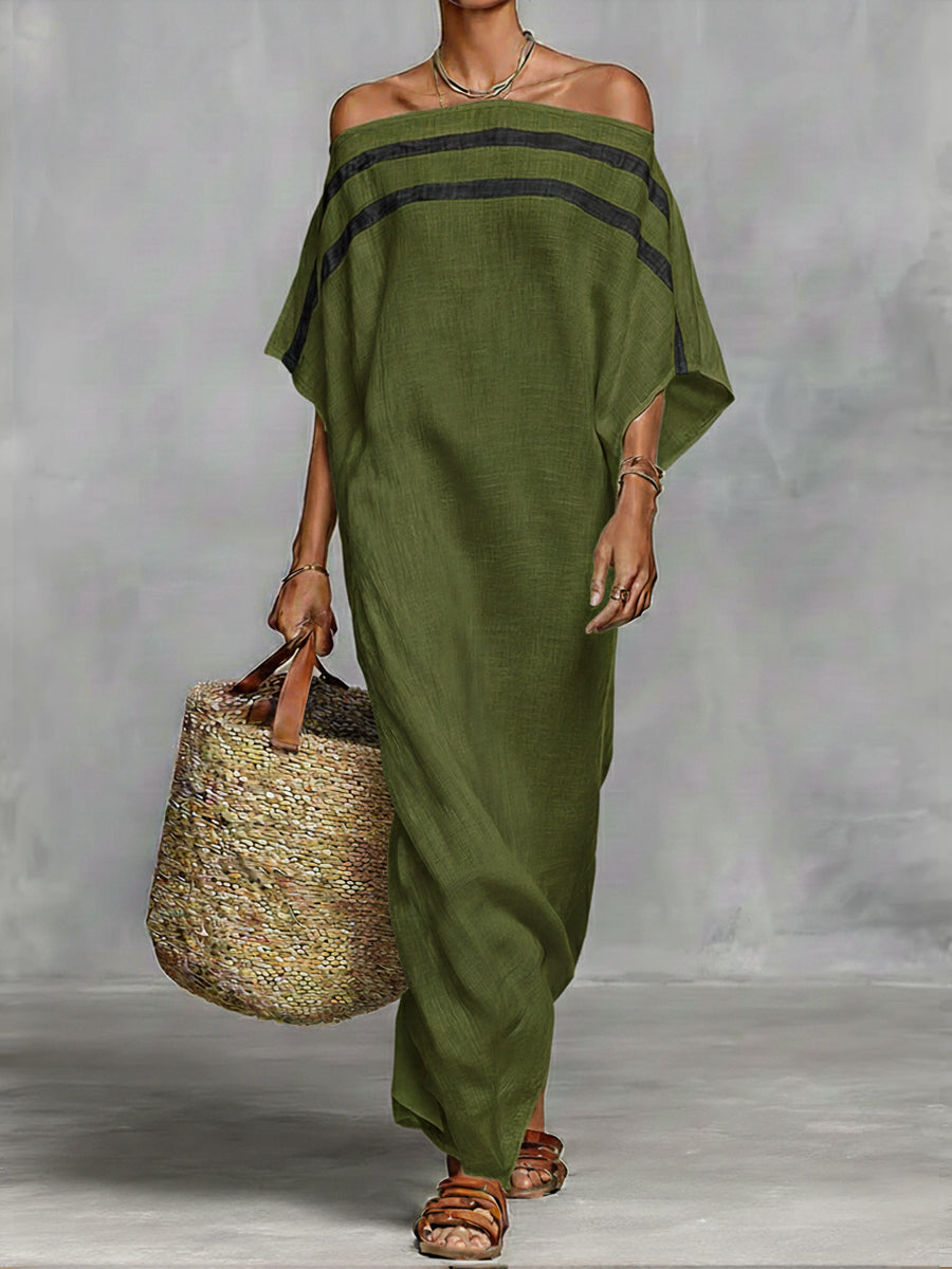 Off-the-shoulder, Straight-neck Linen And Cotton Dress
