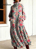 Women's Vintage Flower Art Print Casual Cotton Knitted Dress