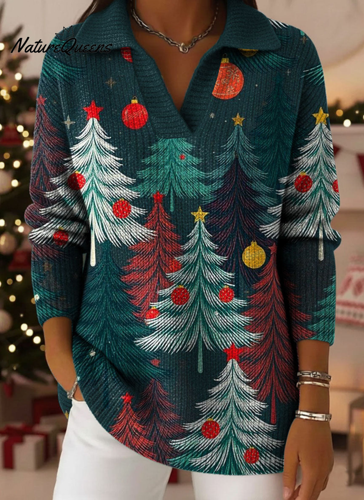 Retro Christmas Trees Snowflake Art Pattern Polo Collar Shiny Loose Sweater Top