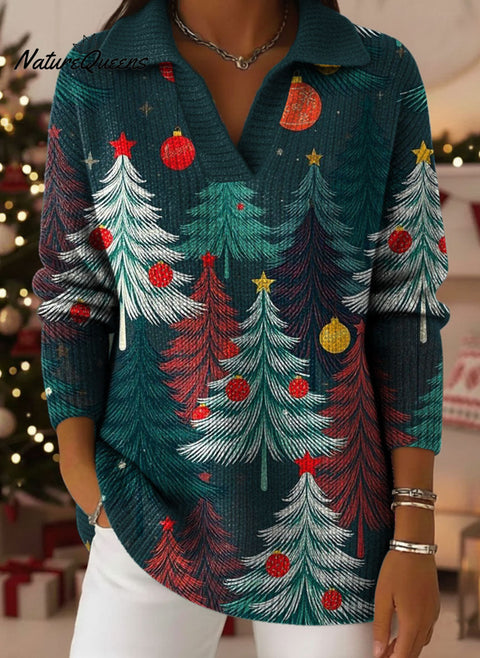 Retro Christmas Trees Snowflake Art Pattern Polo Collar Shiny Loose Sweater Top