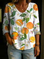 Women's Orange Decorative Pattern Linen And Cotton Shirt