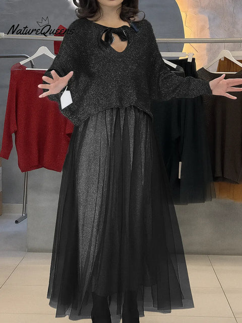 Women's Solid Color V-Neck Tie-Waist Sequined Long-Sleeve Casual Knit Top Set with Elastic Waist A-Line Mesh Skirt