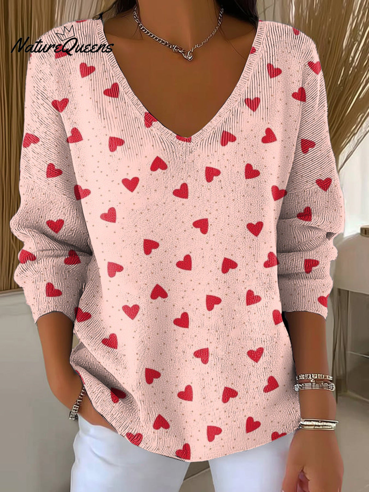 Valentine's Day Heart-shaped Decorative Patterns Women's Casual V Collar Long Sleeve Sweater