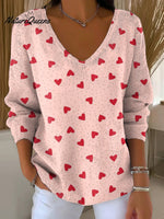 Valentine's Day Heart-shaped Decorative Patterns Women's Casual V Collar Long Sleeve Sweater