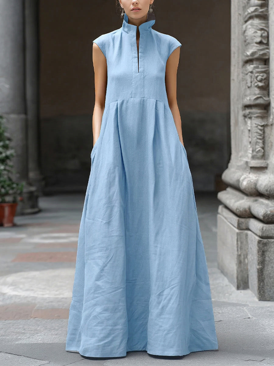 Minimalist Elegance Mock-neck Cotton-linen Maxi Dress