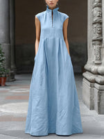 Minimalist Elegance Mock-neck Cotton-linen Maxi Dress