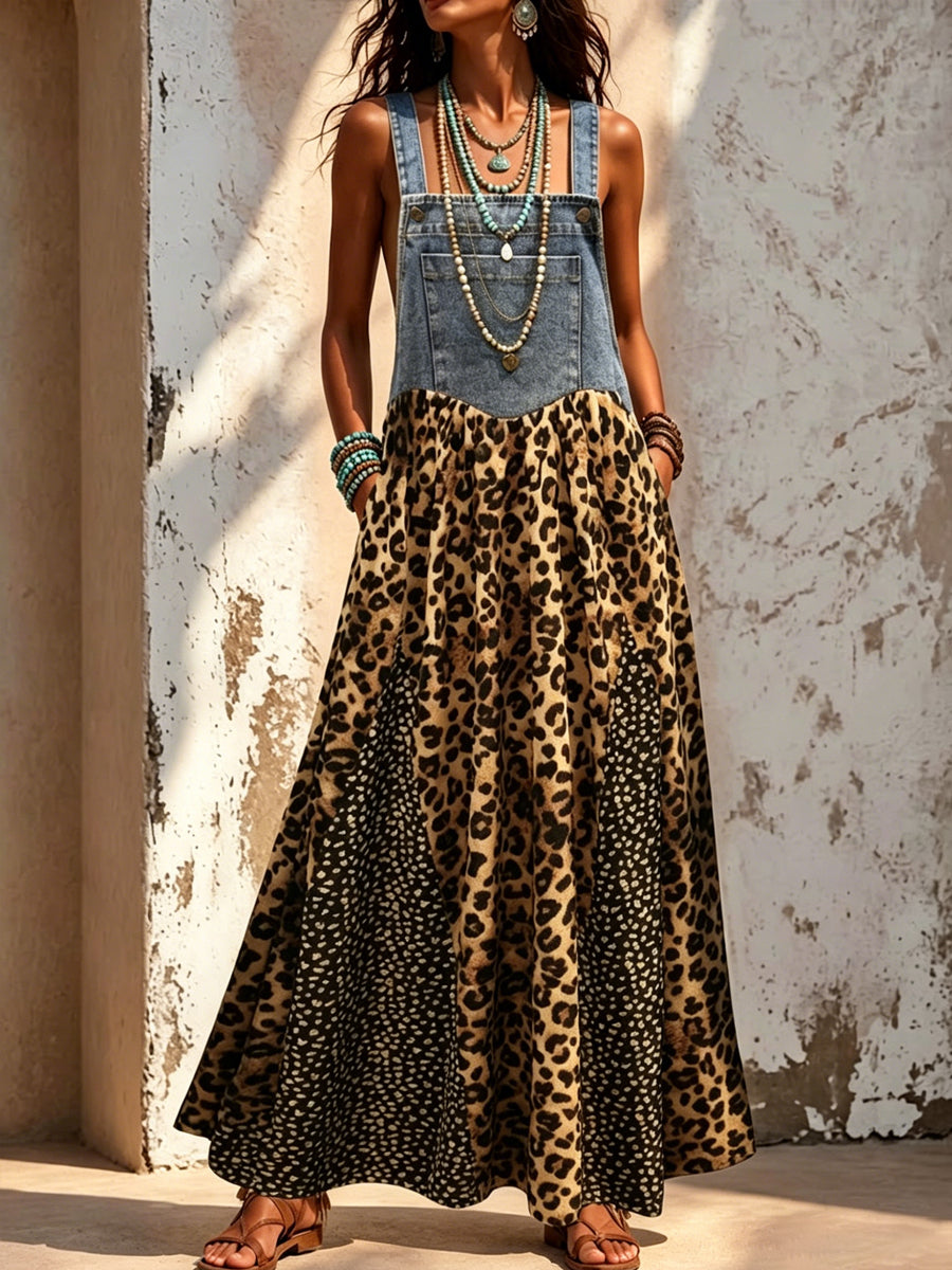 Women's Denim Patchwork Chiffon Leopard Print Suspender Maxi Dress