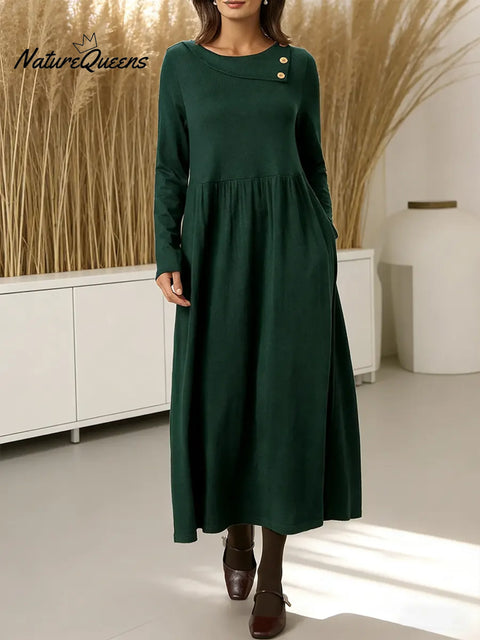 Women's Solid Color Round Neck Long Sleeve Casual Loose Cotton Dress
