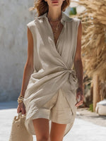 Casual Sleeveless Linen-blend Shirt With Side Ties