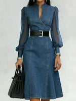 Stylish Denim Dress With Organza Sleeve Panels.