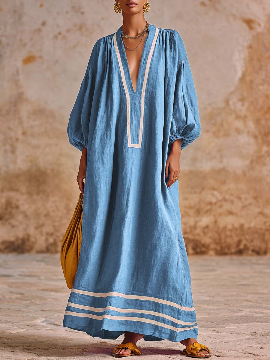 Artistic Line Color Block Loose Lantern Sleeve Maxi Dress