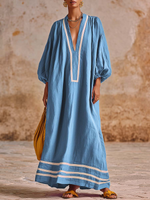 Artistic Line Color Block Loose Lantern Sleeve Maxi Dress