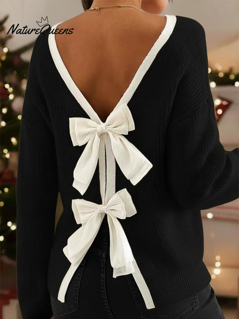 Elegant Color-blocked Trim Bow Sweater Pullover