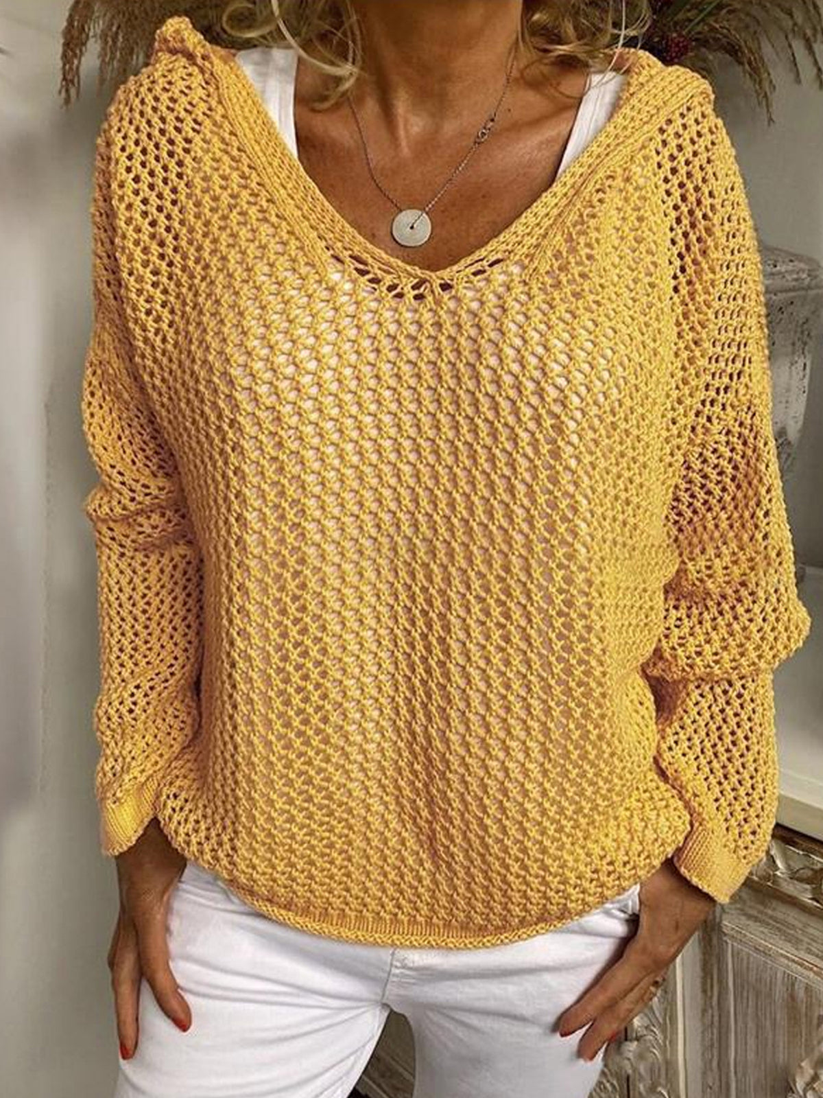 Women's Casual Hooded Open-knit Sweater