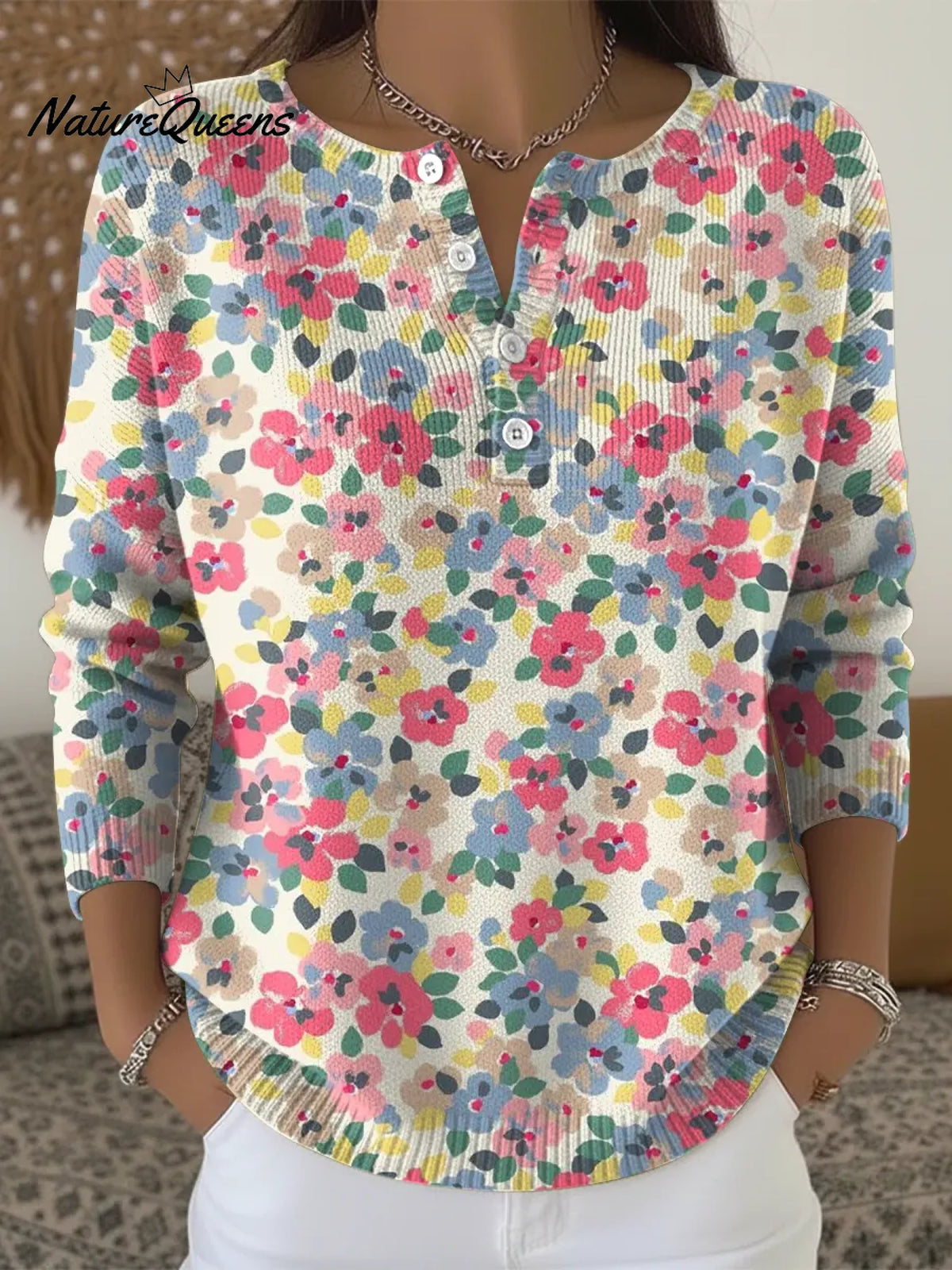 Women's Colorful Little Flowers Print Casual Sweater