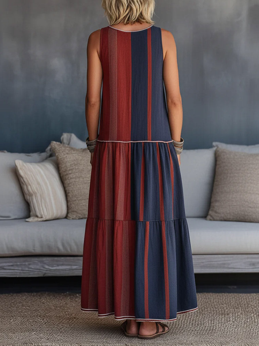 Women's Casual Cotton-linen Two-piece Set: Geometric Print Crew Neck Sleeveless Loose-fit Top & High-waisted A-line Skirt