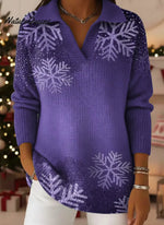Purple Snowflake Print Lapel Casual Knit Sweater
