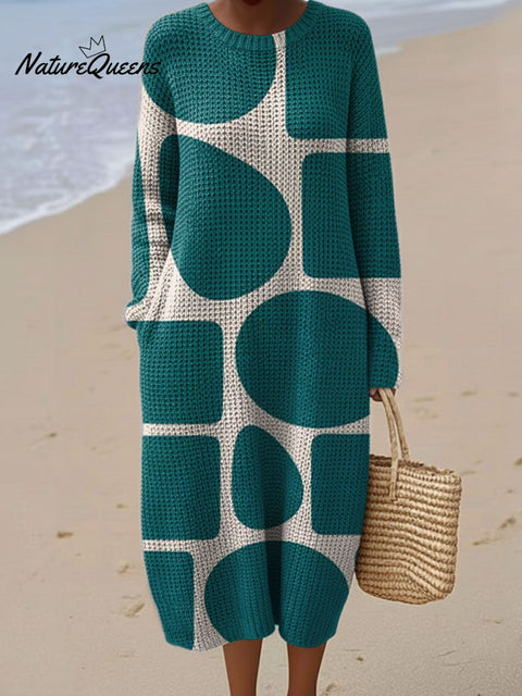 Women's Color Block Abstract Pattern Casual Round Collar Long Sleeve Dress