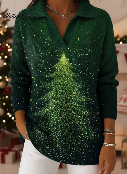 Christmas Tree Pattern Art Polo Collar Shiny Loose Sweater Top