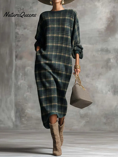 Women's Plaid Print Round Neck Long-sleeved Casual Loose Long Knit Dress