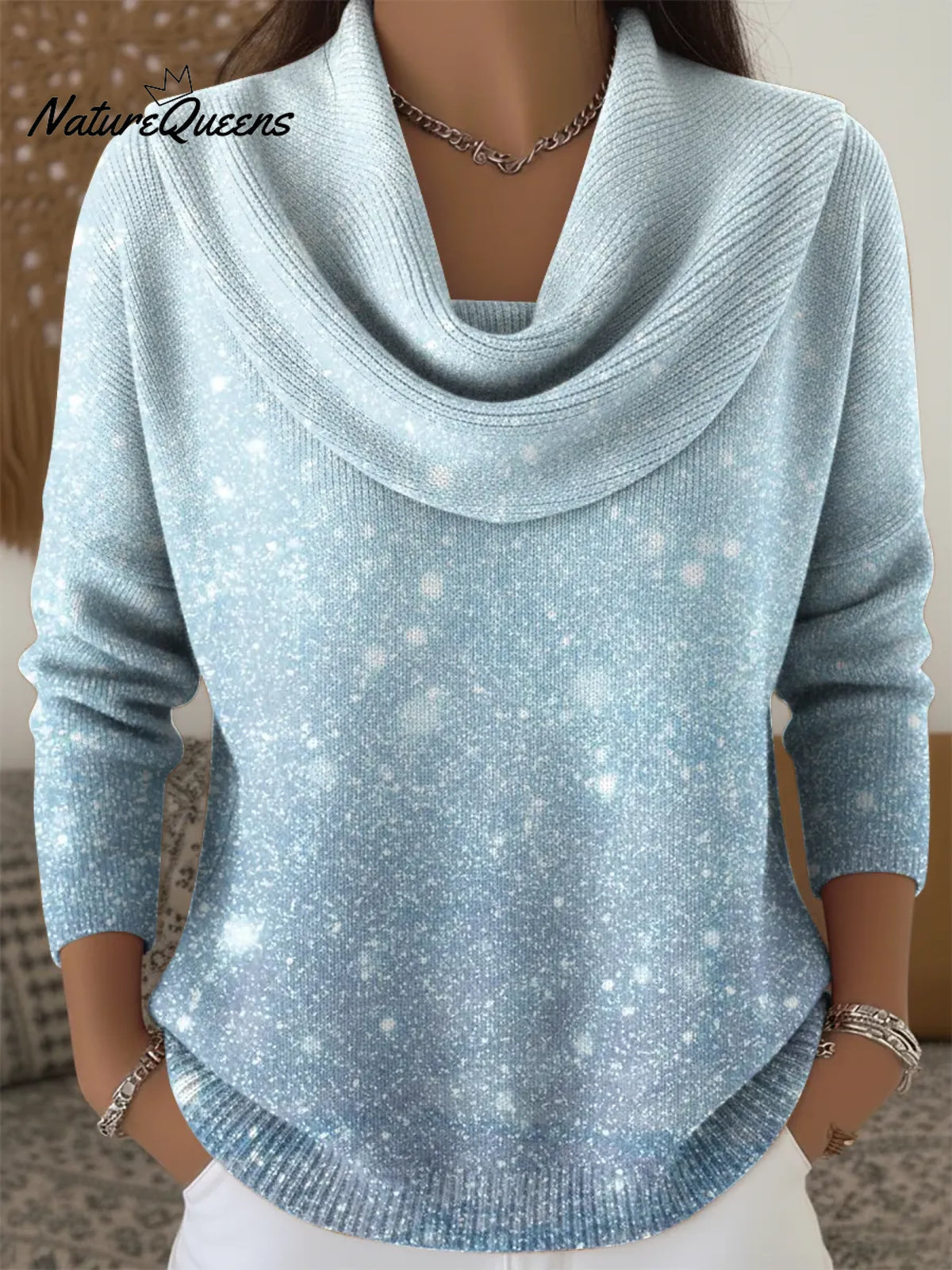 Women's Retro Gradient Shiny Blue Print Cowl Neck Sweater
