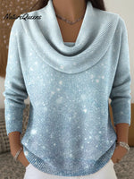 Women's Retro Gradient Shiny Blue Print Cowl Neck Sweater