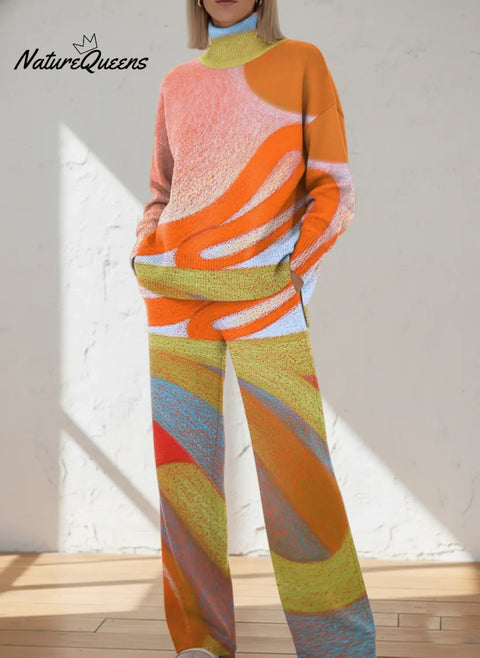Women's Retro Abstract Geometric Art Print Casual Knit Set