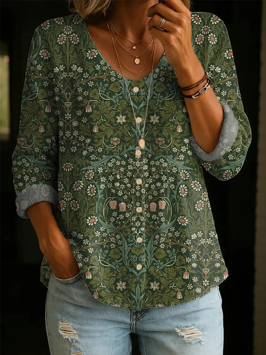 Women's Floral Pattern Art Print Casual Cotton Shirt
