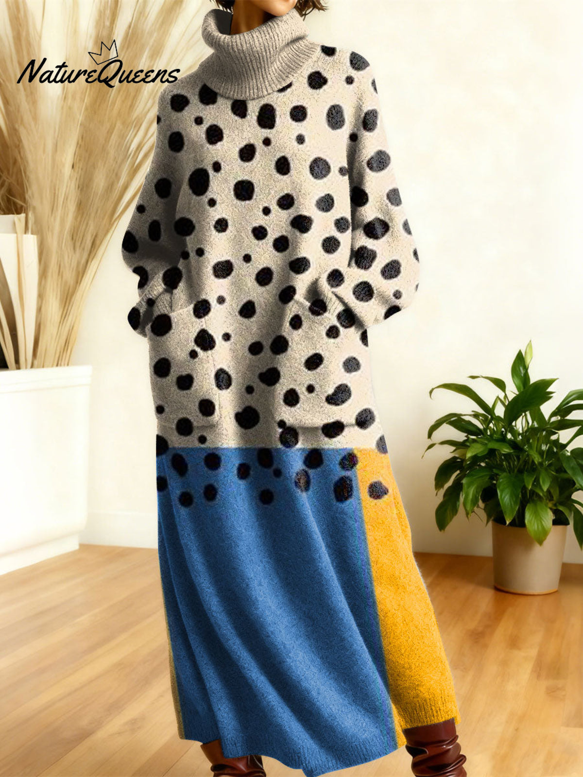 Women's Retro Abstract Geometric Colorful Splicing Patterns Art High-neck Long-sleeve Casual Loose Knit Dress