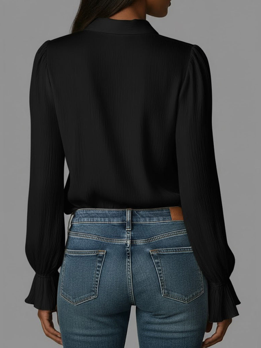 Women's Solid Color V-neck Long-sleeved Casual Loose Cotton Top