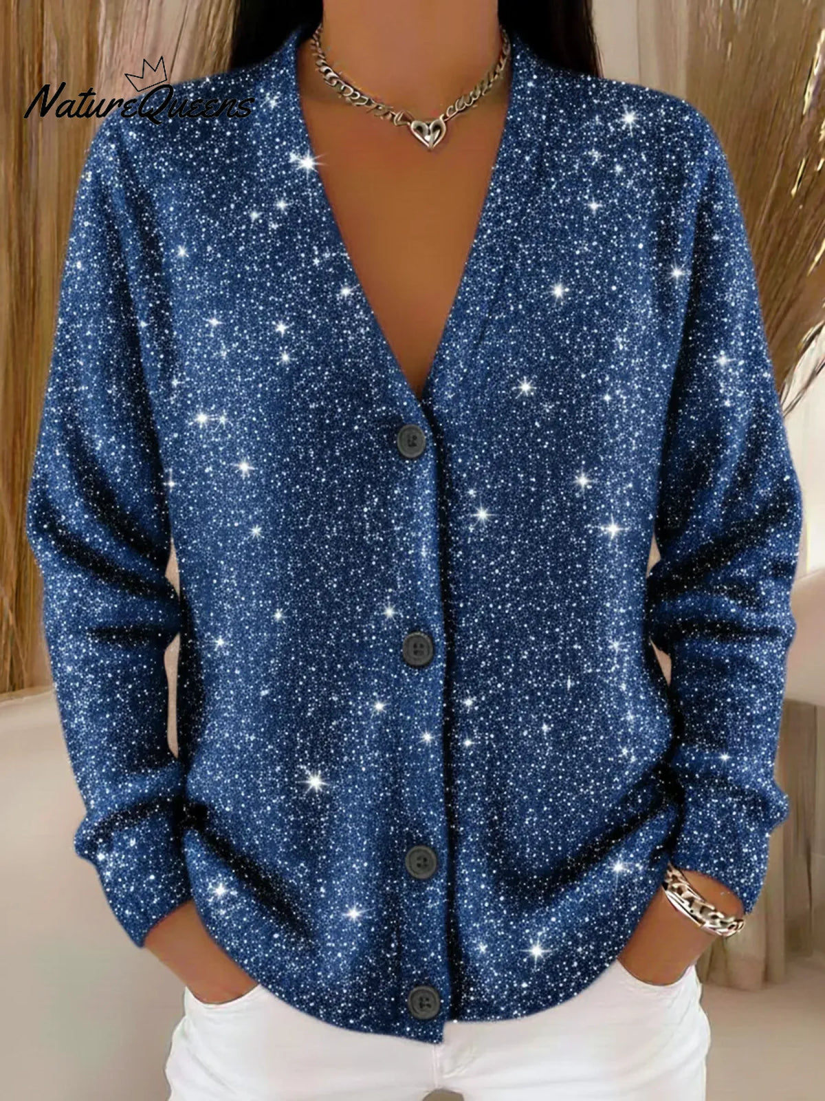 Casual Christmas Party Shiny Button V-Neck Cardigan Sweater