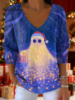 Women's Neon Lights Christmas Gifts Ghost Lights Pattern Art Print V-neck Solid Color Loose Shiny Sweater