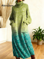 Women's Retro Flowers Color Gradient High-neck Long-sleeve Casual Loose Knit Dress