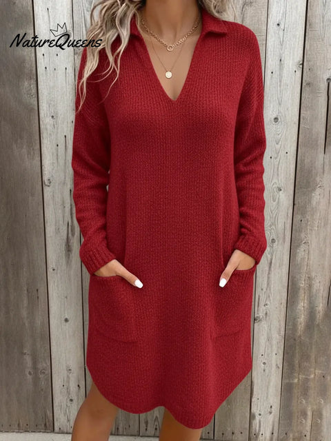 Women's Casual V-neck Collared Pocket Knit Dress