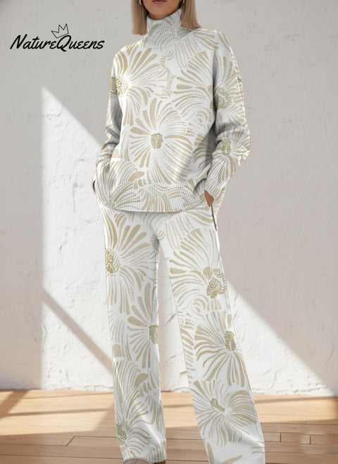 Line Drawing Of Large Flower Decorative Pattern Casual Stand Collar Long Sleeve Top And Pants