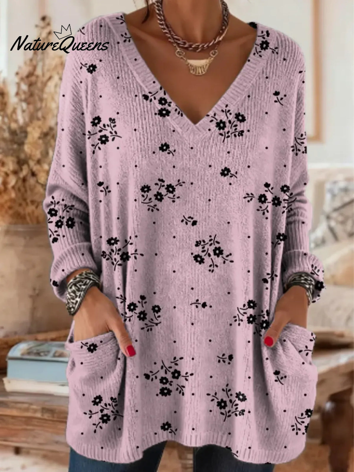 Women's Floral Pattern Art Print Casual Cotton Knitted Sweater