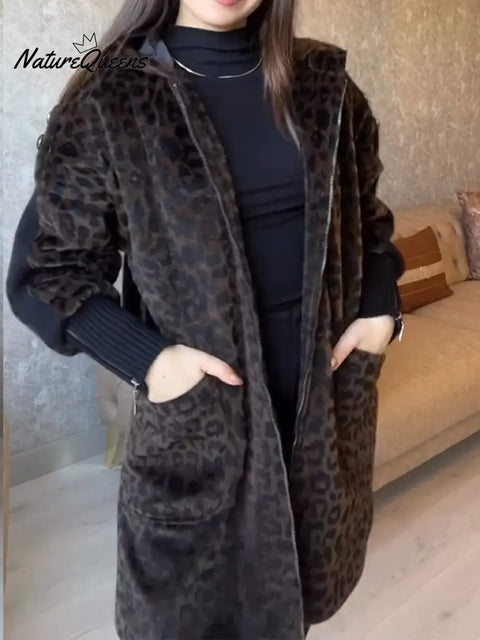 Women's Angolan Leopard Print Zip-Up Hooded Coat