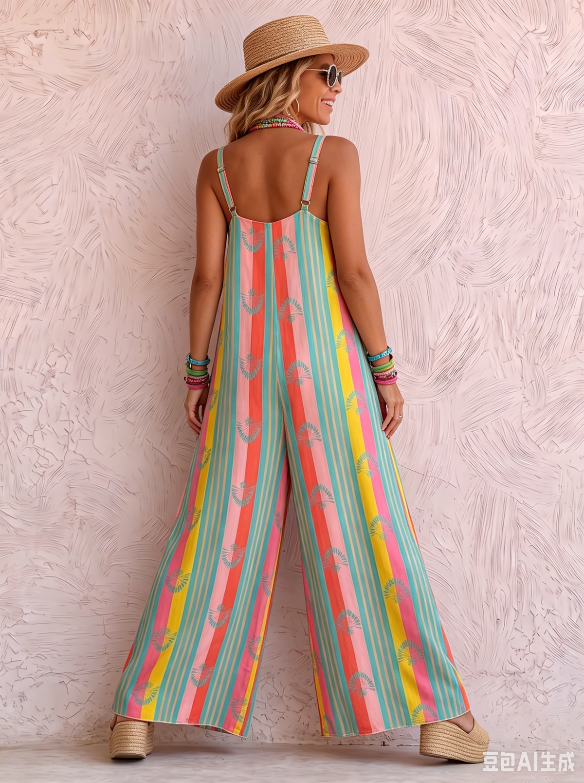 Boho-style Vintage Print Loose-fit Draped Jumpsuit
