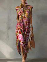 Casual Loose-fit Cotton-linen Dress With Cap Sleeves And Vintage Floral Print