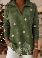 Christmas Trees Snowflake Art Pattern Polo Collar Shiny Loose Sweater Top