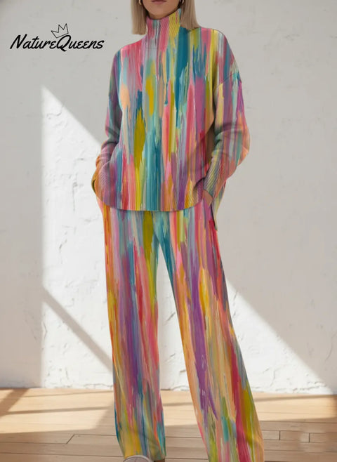 Women's Abstract Pattern Art Print Casual Knitted Cotton Top Pants Suit