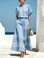 Women's Geometric Print Crew Neck Short-Sleeve Cotton-Linen Top & High-Waisted Loose-Fit A-Line Skirt Set