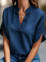 Casual V-neck Petal Sleeves Denim Blouse
