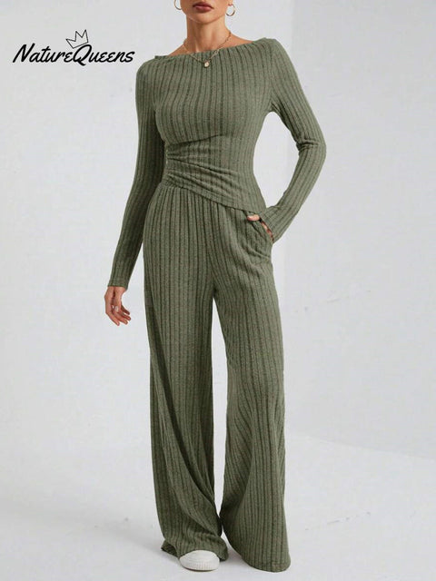 Women's Casual Striped Loose Long Sleeve Top Pants Knitted Suit