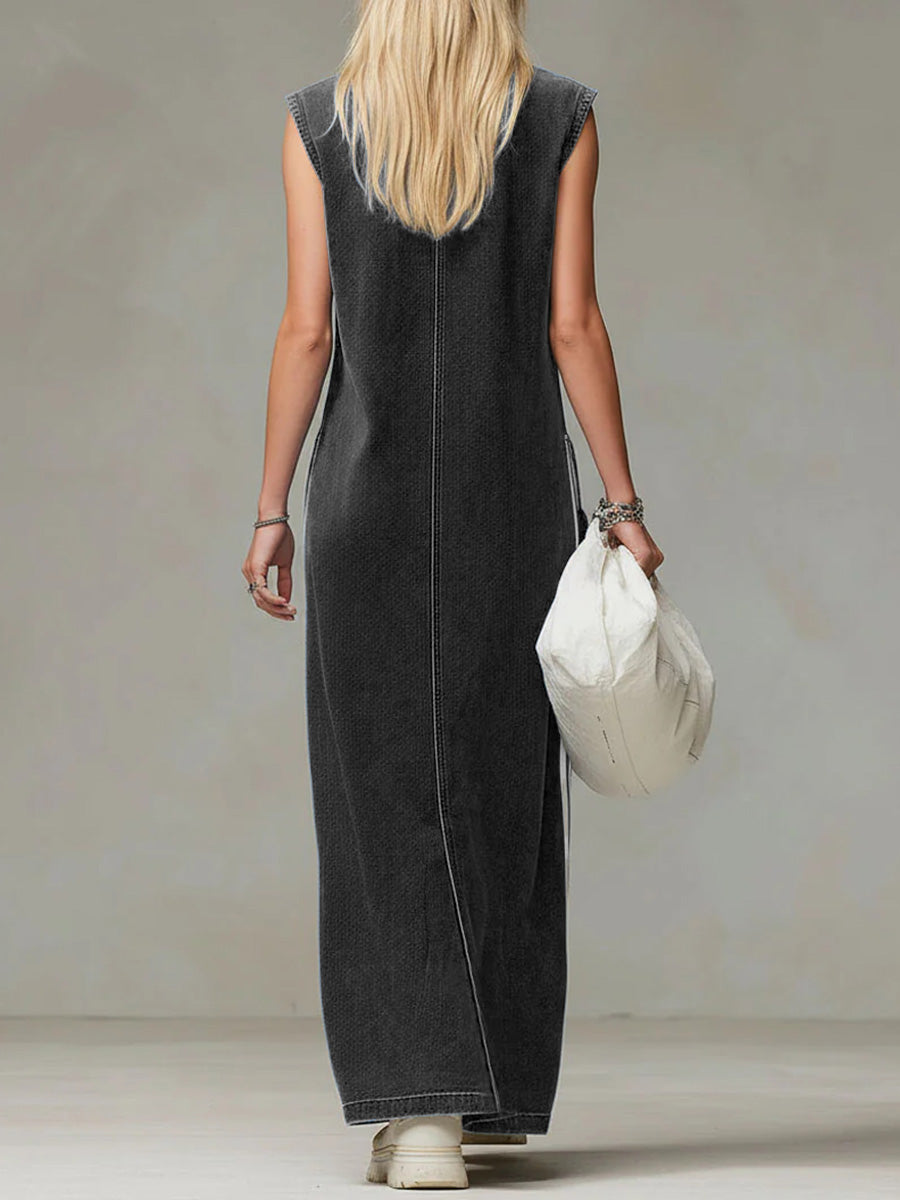 Women's Stand-up Collar Sleeveless Casual Loose Denim Dress