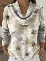 Women's Ink Wash Flower Art Print Cowl Neck Sweater