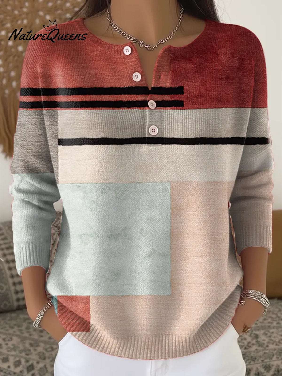 Women's Vintage Abstract Geometry Art Print Buttoned Cardigan Sweater